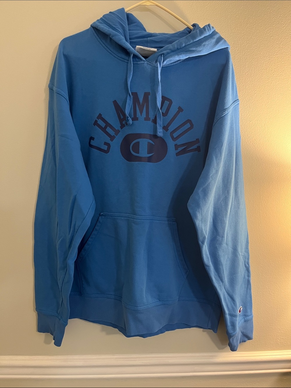 Champion Light Blue Pullover Hoodie with Navy Logo